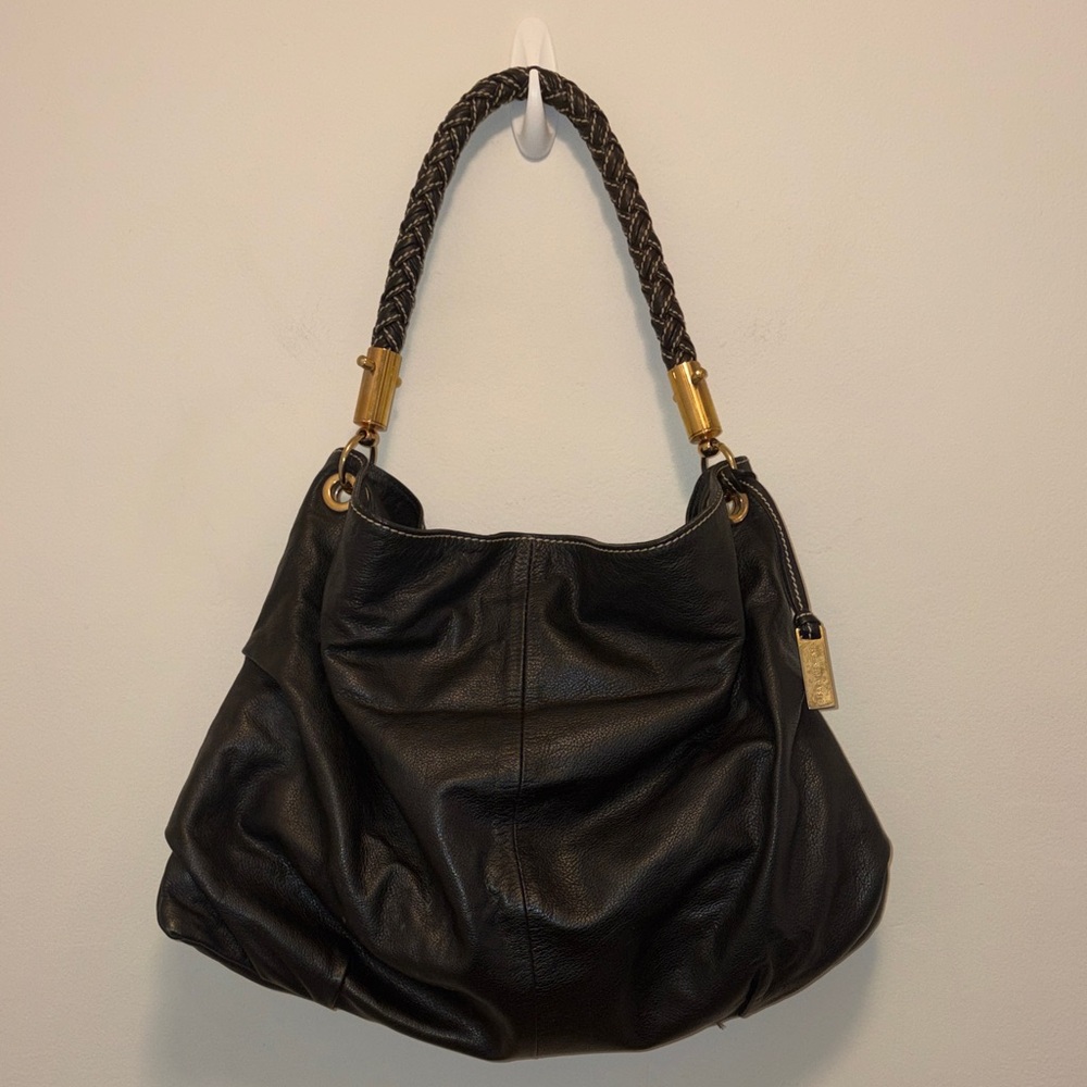 Elisa Atheniense Vintage Black Leather Hobo Bag with Braided Handle